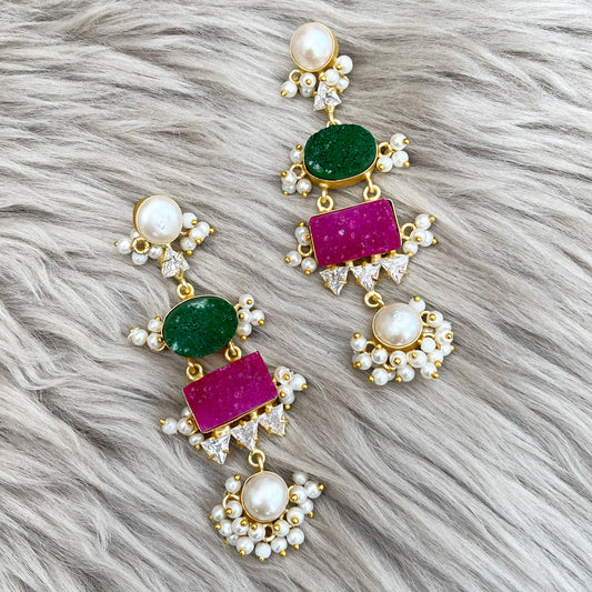 Druzzy emerald & pink stone earrings