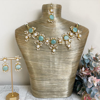 Amazonite & pearl necklace set