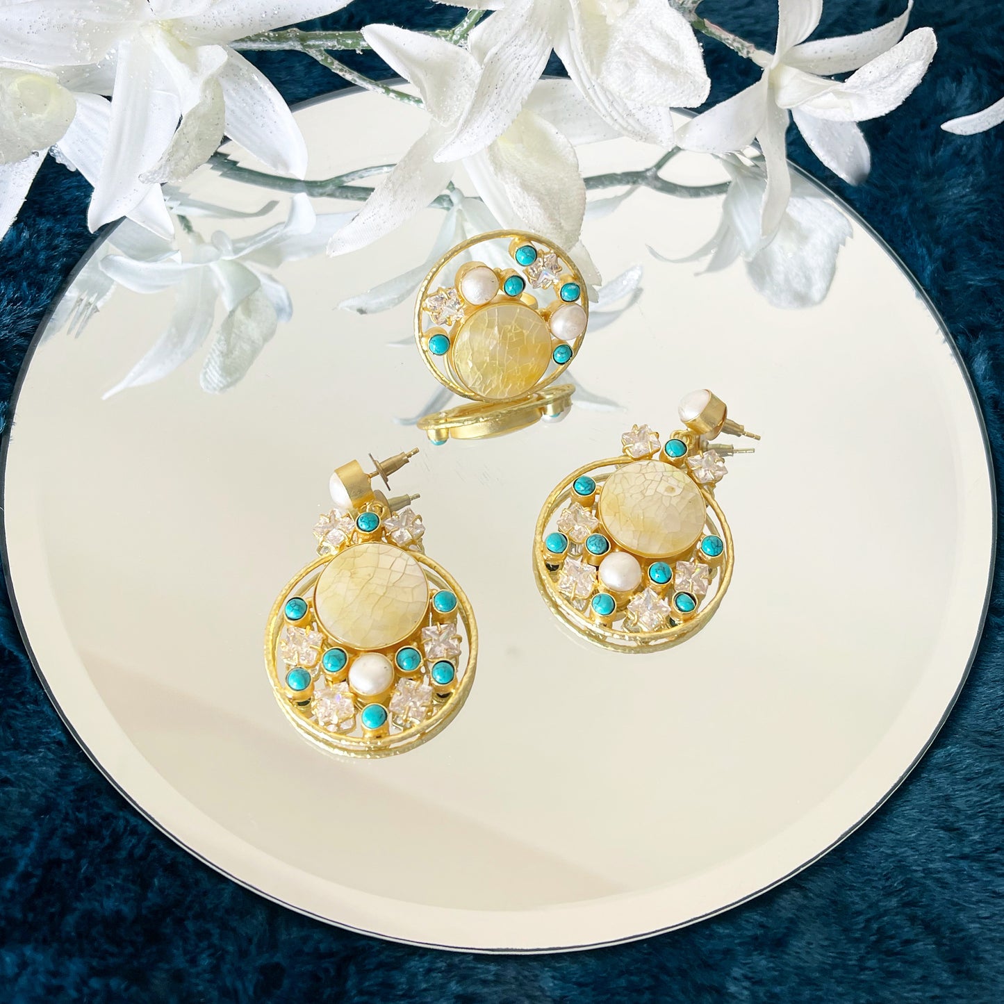 Mosaic pearl & turquoise earrings and ring set