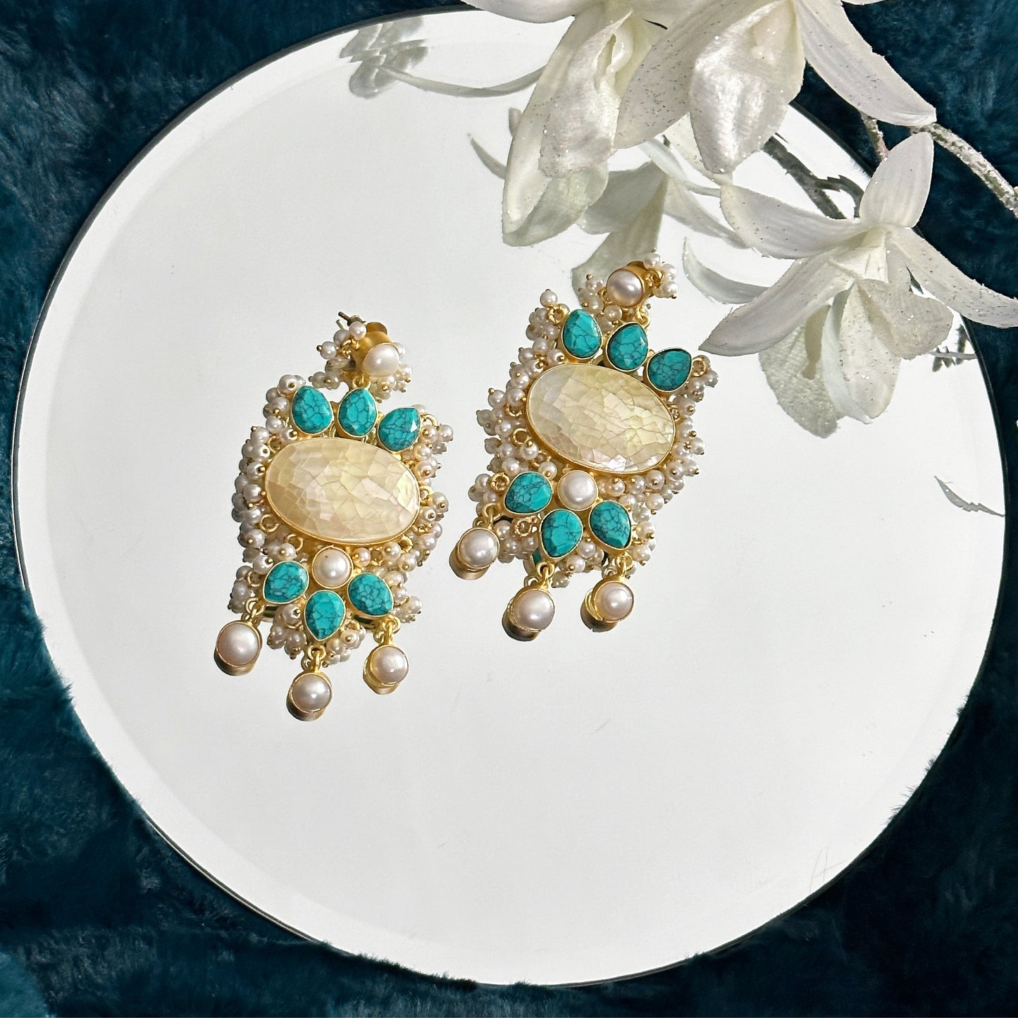 Mosaic pearl & turquoise earrings