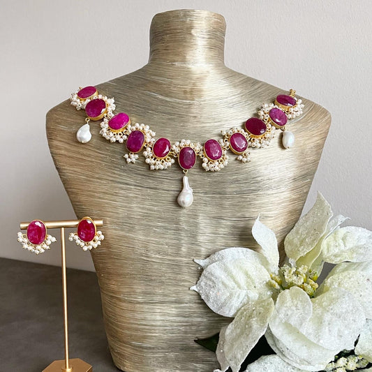 Ruby & pearl necklace set