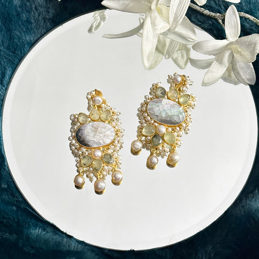 Mosaic pearl & prehnite earrings