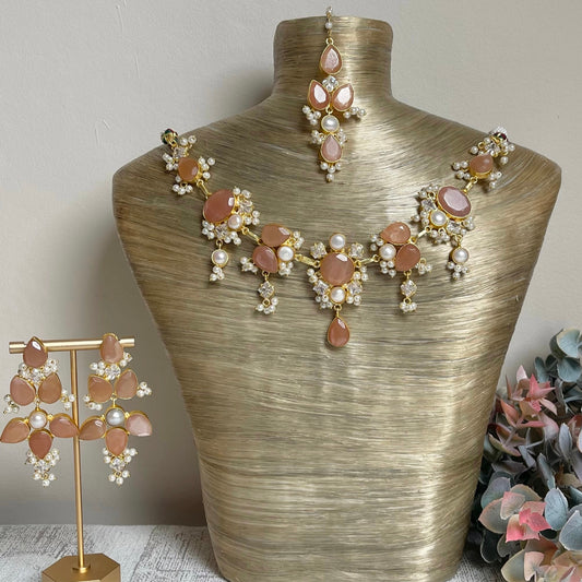 Peach moonstone & pearl necklace set